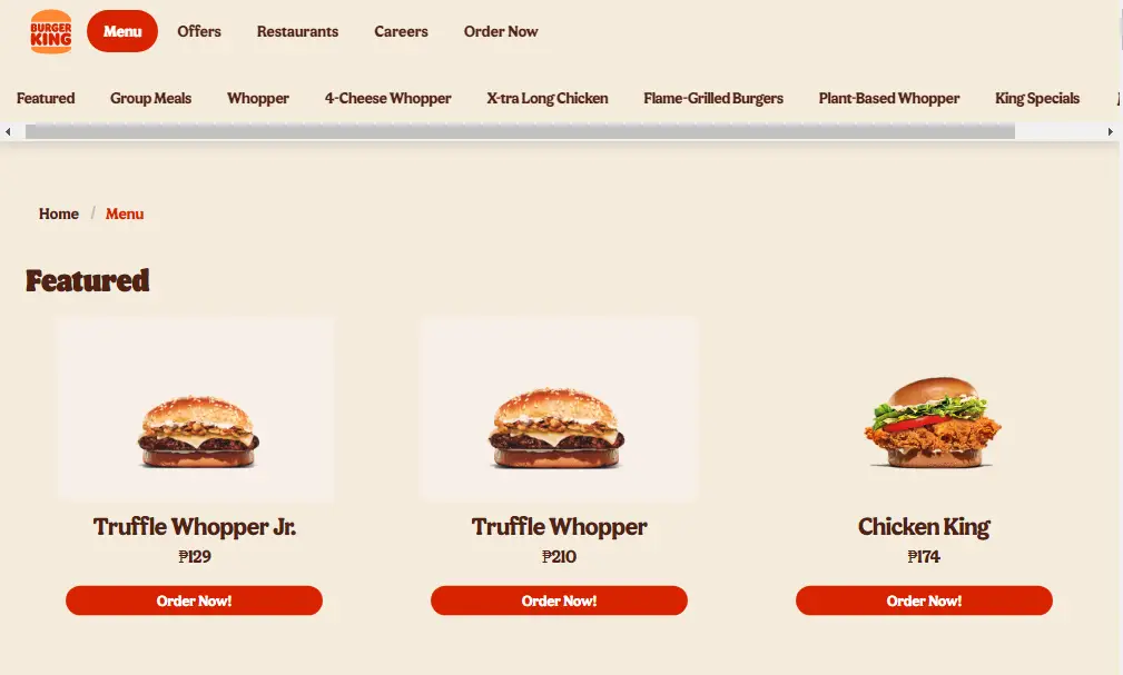 Burger King Mga Presyo ng Menu (Philippines)